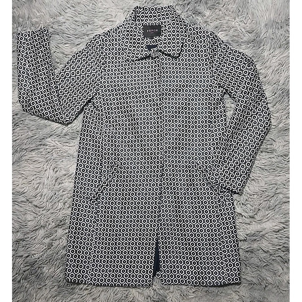 FRNCH Paris Geometric Print Trench Coat XS Black White Mod Retro Abstract Jacket